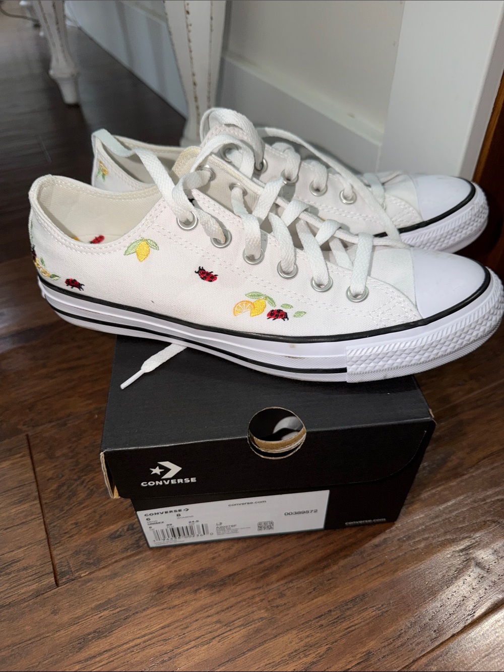 Converse White Low-Top Sneakers with Yellow Lemon & Red Ladybug Embroidery
